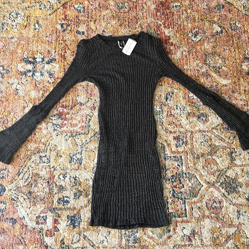 Ribbed long sleeve midi navy blue dress